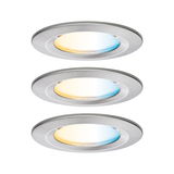 Drie ronde LED-inbouwspots van geborsteld aluminium met warm en koel wit licht