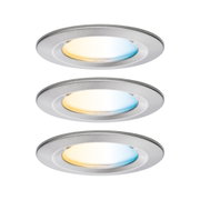 Drei runde LED-Einbaustrahler aus gebürstetem Aluminium mit warmweißem und kaltweißem Licht