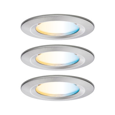 Three round LED recessed lights in brushed aluminum with warm and cool white light