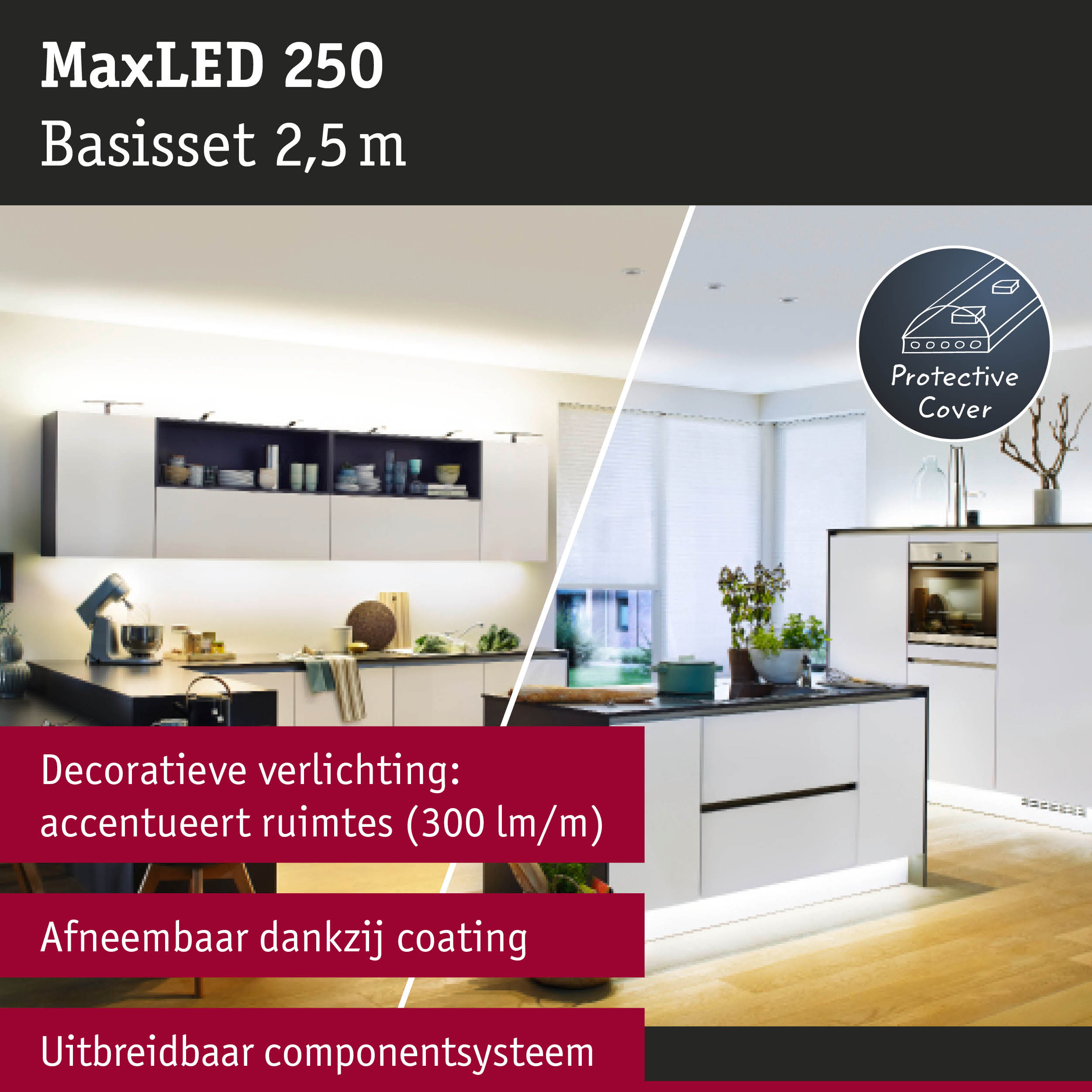 Moderne witte keuken met decoratieve LED-verlichting en uitbreidbare MaxLED 250 basisset 2,5 m