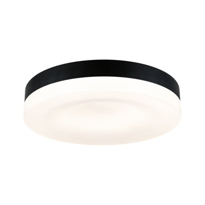 Round ceiling light with black metal frame and white diffuser, modern LED room lighting