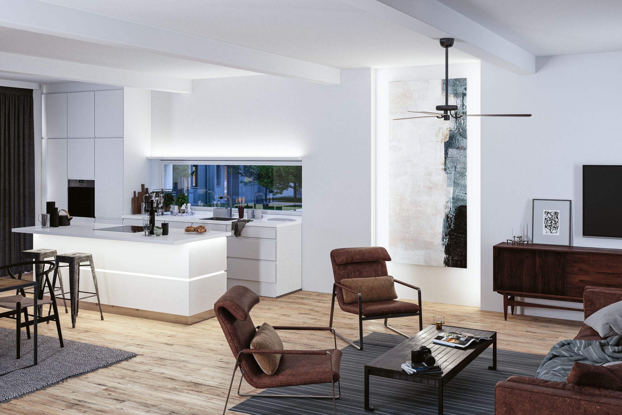 Salon moderne avec fauteuils en tissu marron, sol en bois et cuisine blanche ouverte avec éclairage LED.