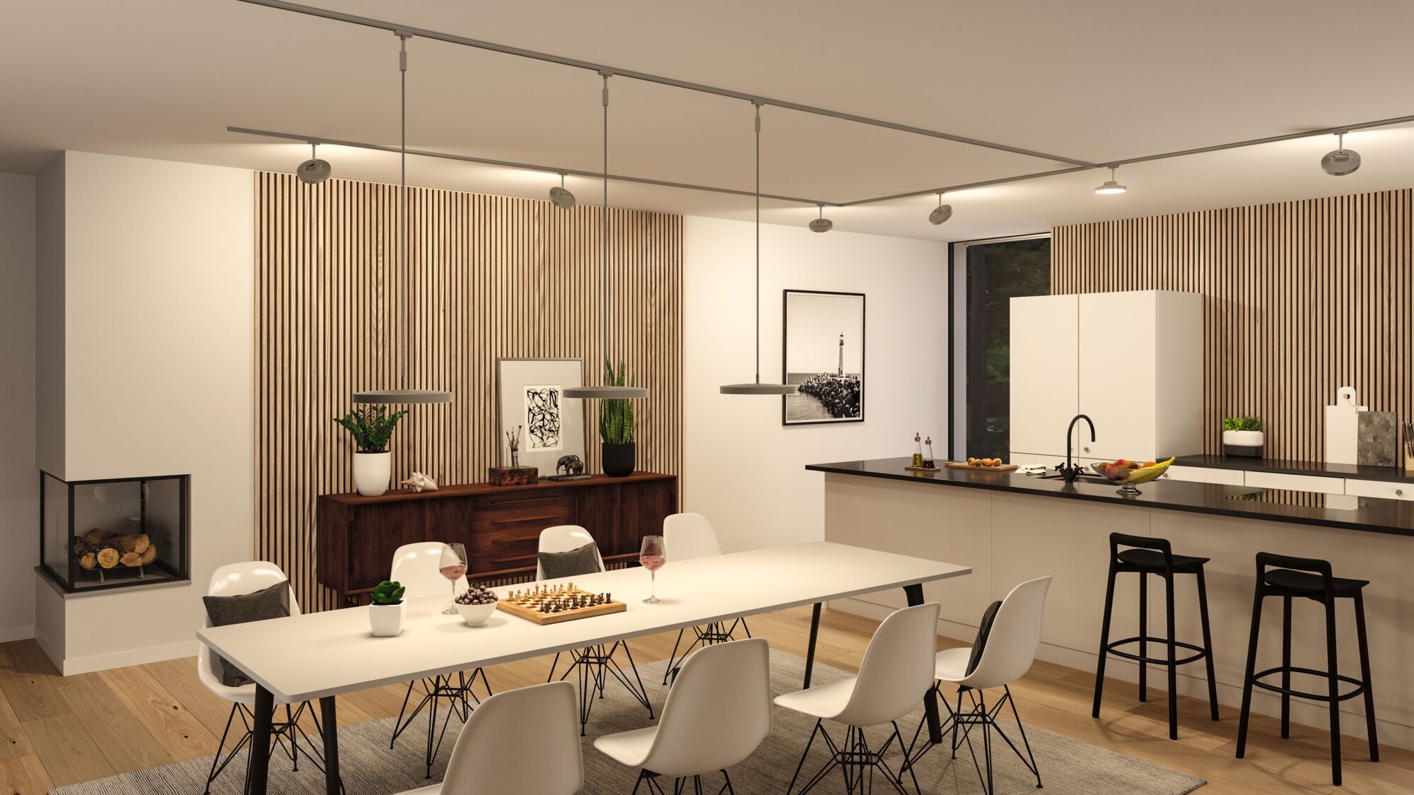 Salle à manger moderne avec table blanche, chaises noires et éclairage de plafond métallique minimaliste.