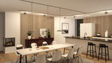 Salle à manger moderne avec table blanche, chaises noires et éclairage de plafond métallique minimaliste.