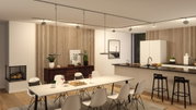 Cuisine moderne avec meubles blancs, panneaux en bois et suspension LED minimaliste au-dessus de la table
