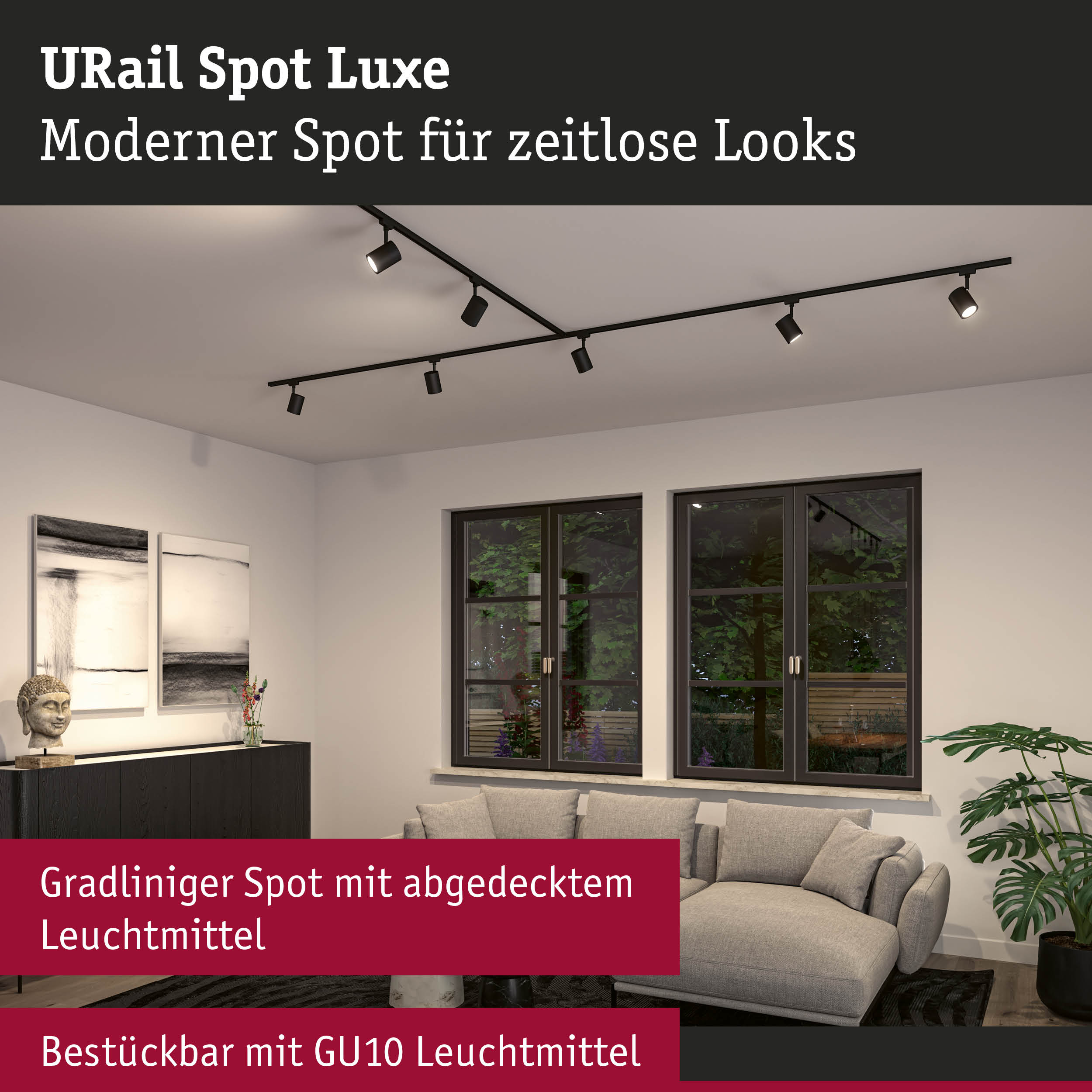 Schwarzes URail Spot Luxe Schienensystem mit sechs LED-Spots in modernem Wohnzimmer mit Sofa
