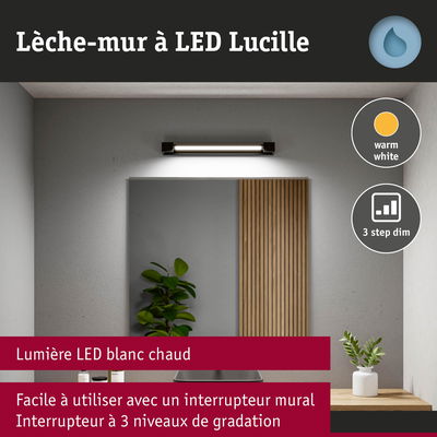 Lèche-mur LED Lucille noir avec lumière blanc chaud et variateur 3 niveaux pour intérieur