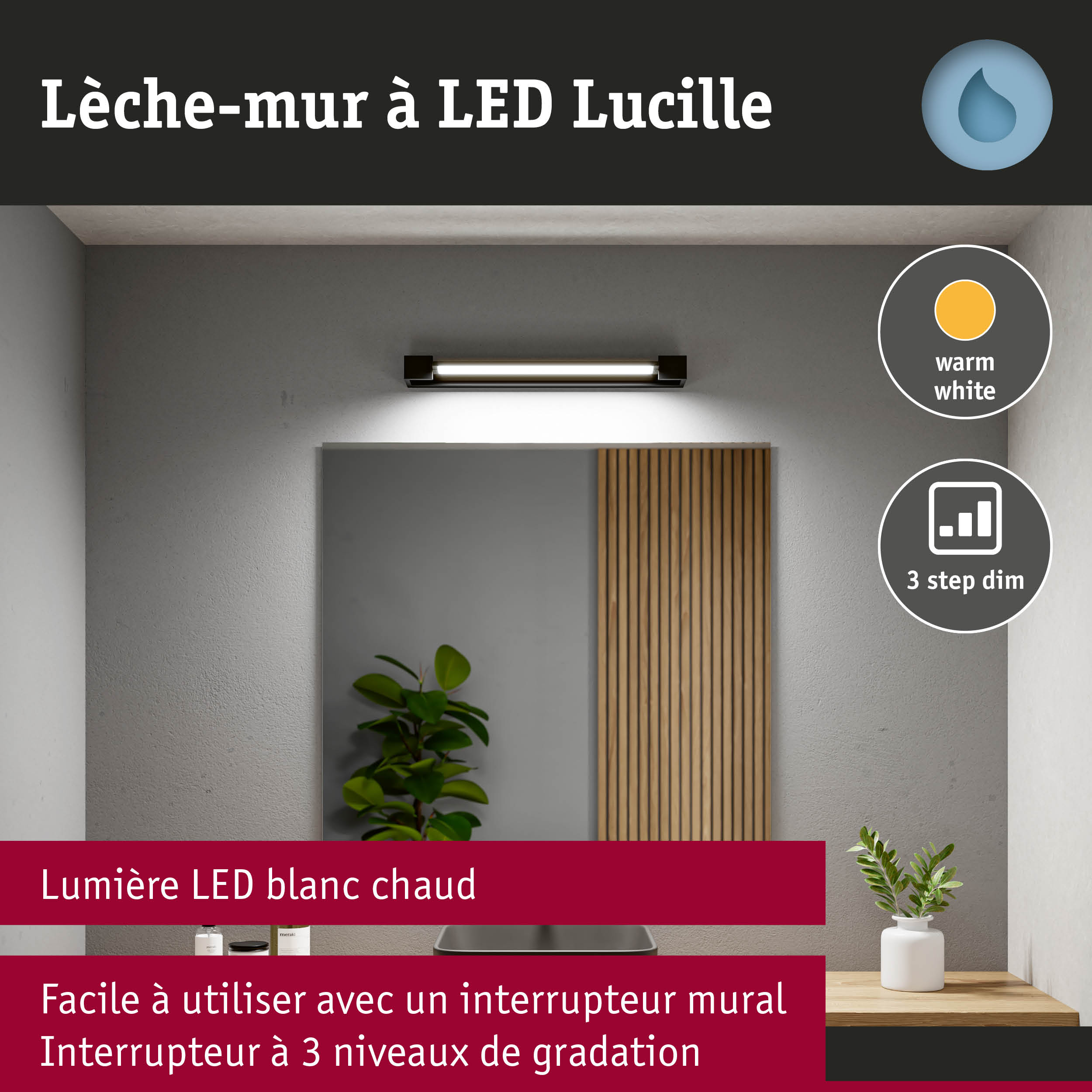 Applique murale LED Lucille noire avec lumière blanc chaud et variateur 3 niveaux pour salle de bain