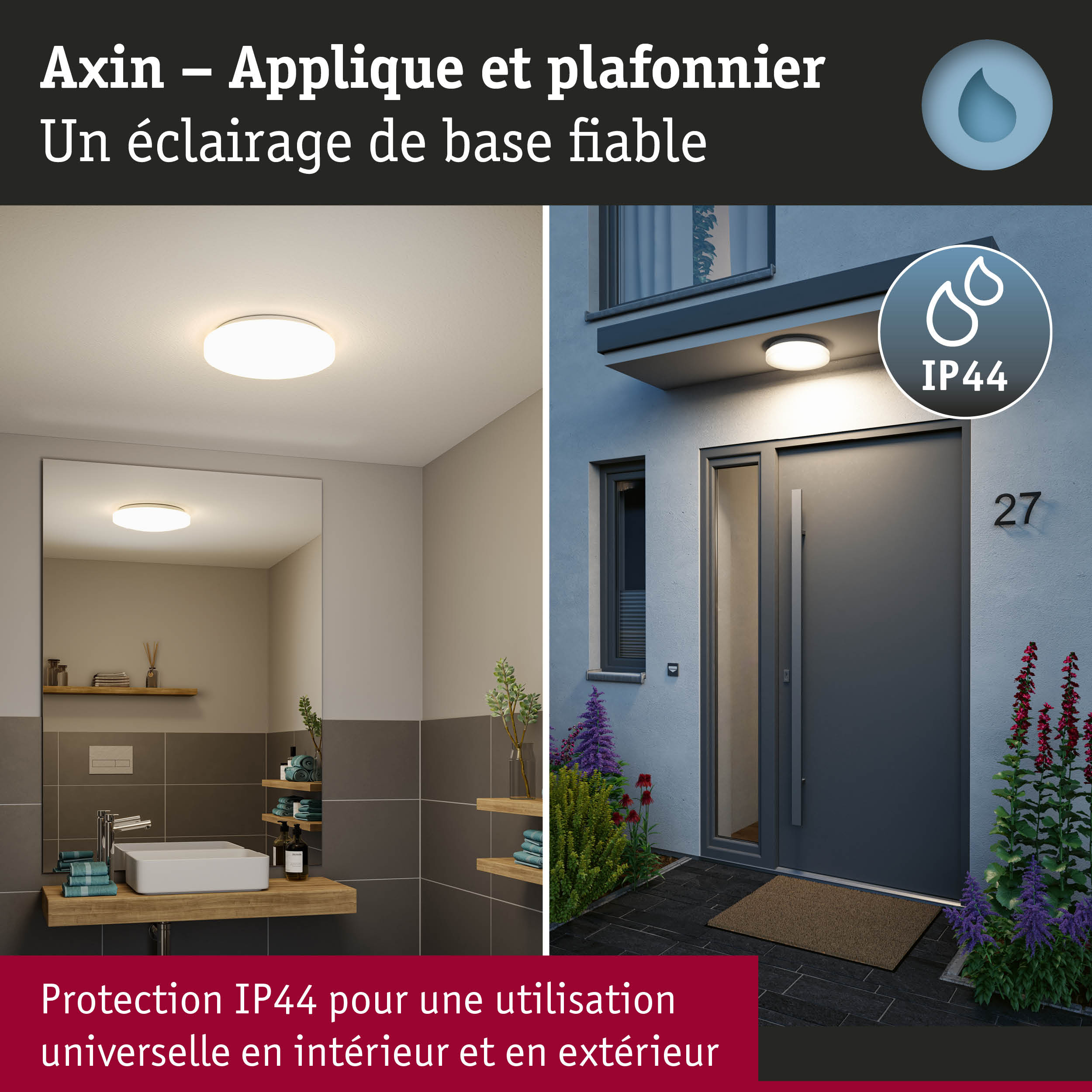 Applique et plafonnier Axin rond blanc avec protection IP44 pour usage intérieur et extérieur