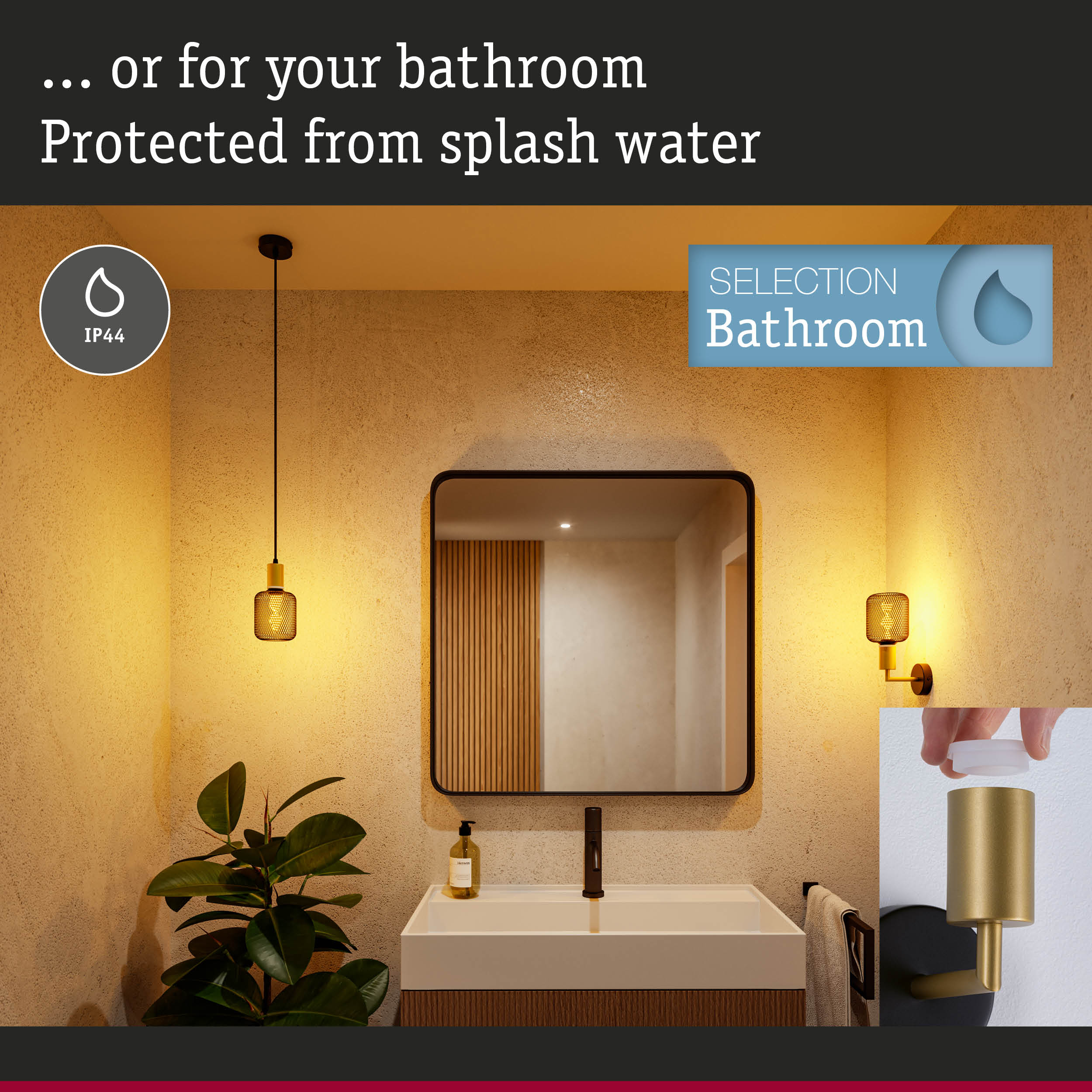 Modern bathroom lighting with IP44 splash water protection suitable for damp rooms and bathroom fixtures