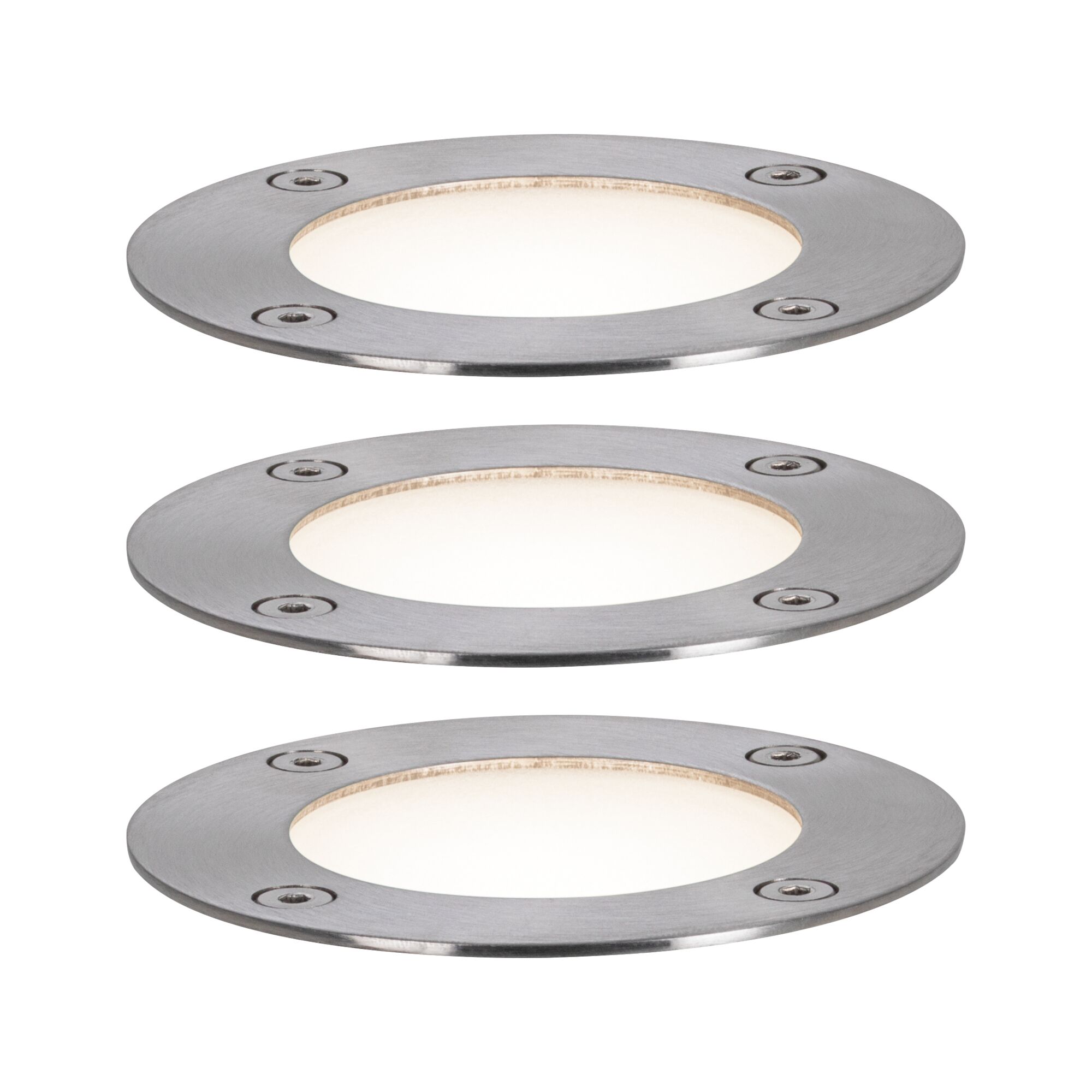 Drei runde LED-Einbauleuchten aus gebürstetem Edelstahl mit warmweißem Licht für Außenbereiche.
