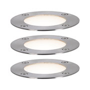 Drei runde LED-Einbauleuchten aus gebürstetem Edelstahl mit warmweißem Licht für Außenbereiche.