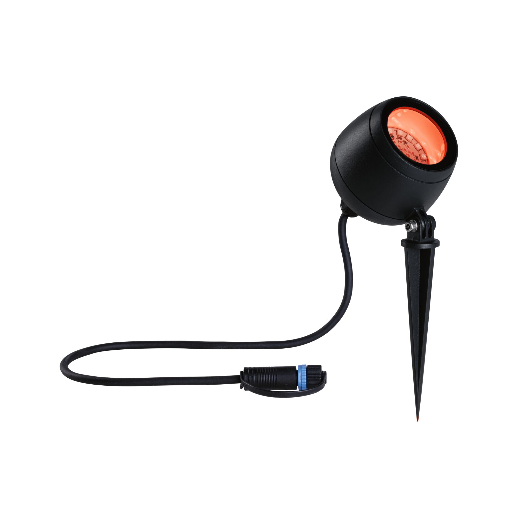 Zwarte LED-tuinschijnwerper met grondpen en rood licht, weerbestendige buitenlamp