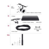 Technical drawing showing 5 black LED spotlights, power supply, 10m cable, and mounting accessories for lighting system