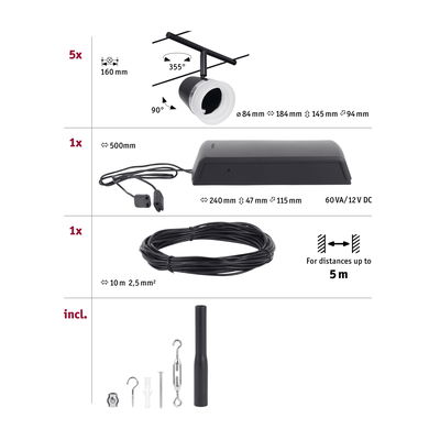 Technical drawing showing 5 black LED spotlights, power supply, 10m cable, and mounting accessories for lighting system