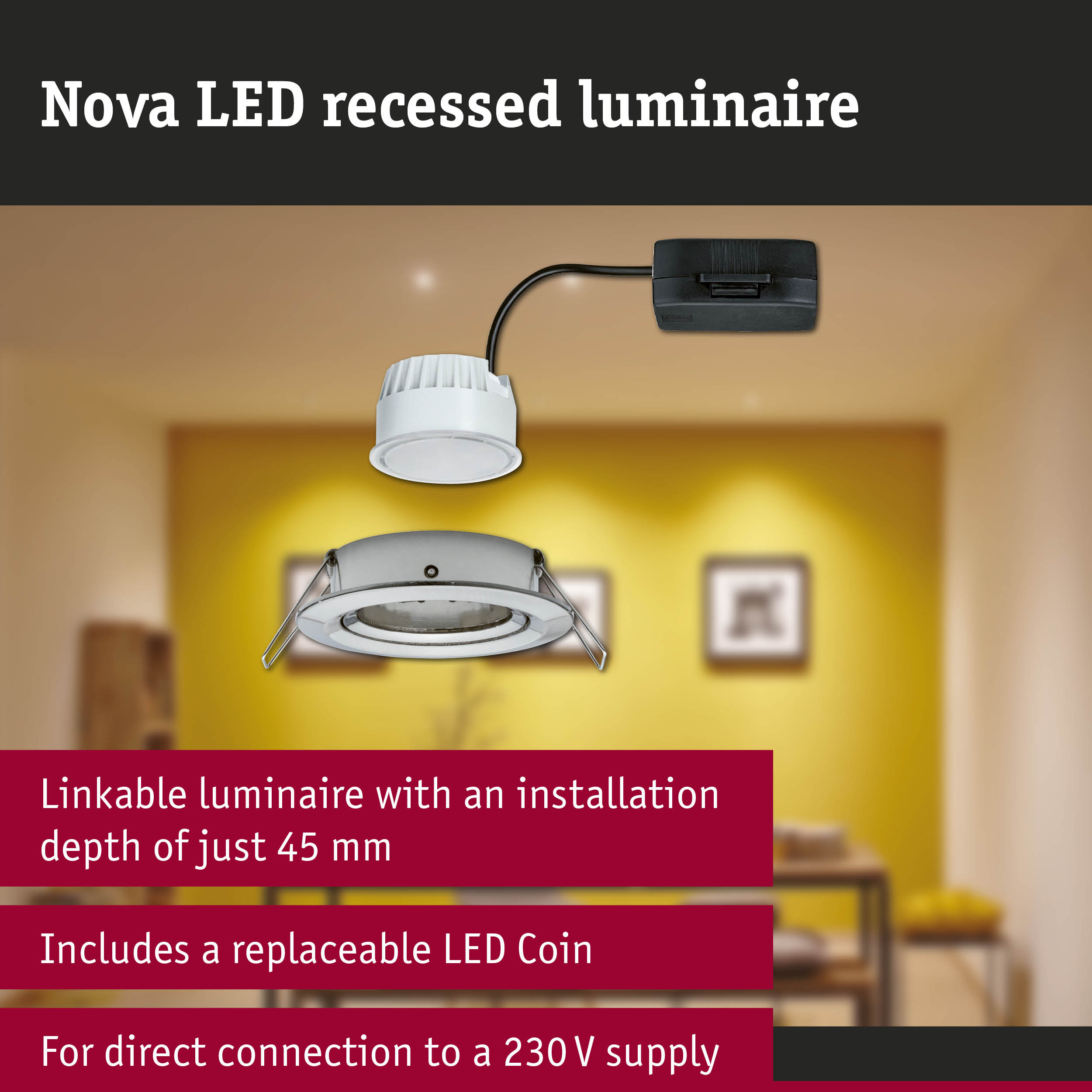 White Nova LED recessed spotlight with black cable, energy-efficient LED lighting for interiors