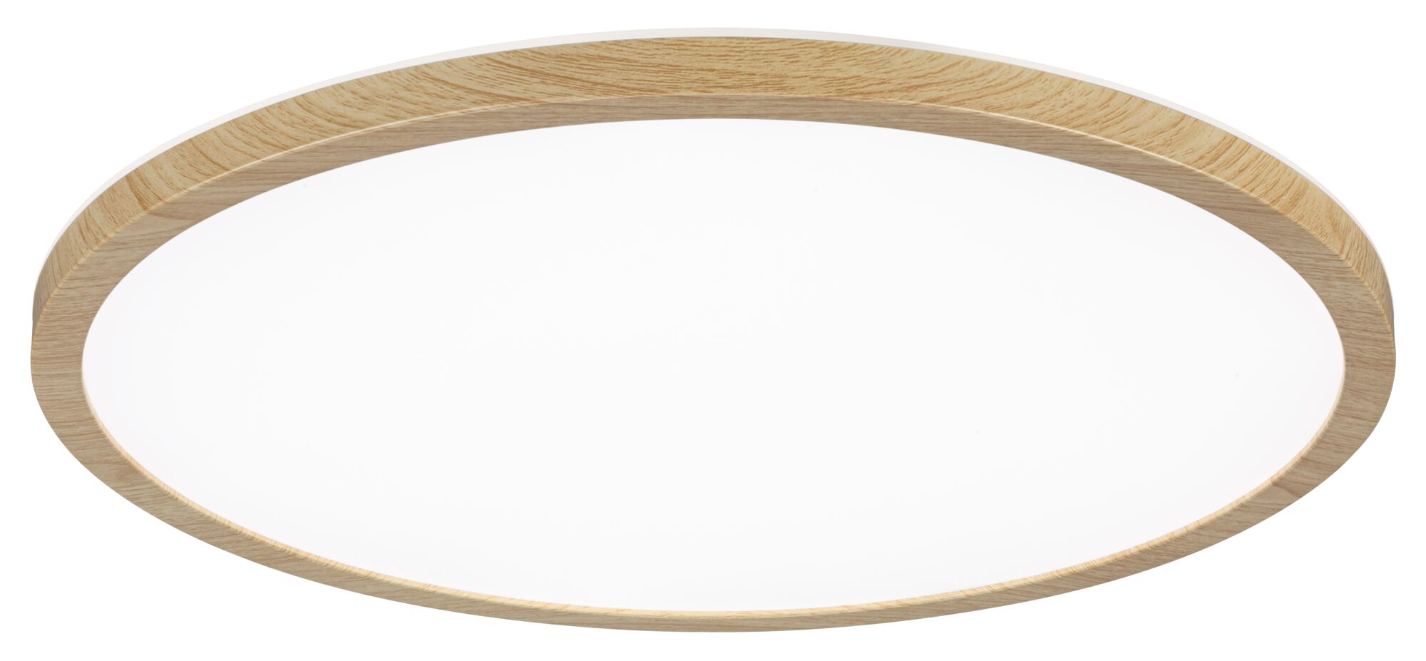 Round ceiling light with bright diffuser and oak wood frame for modern home lighting