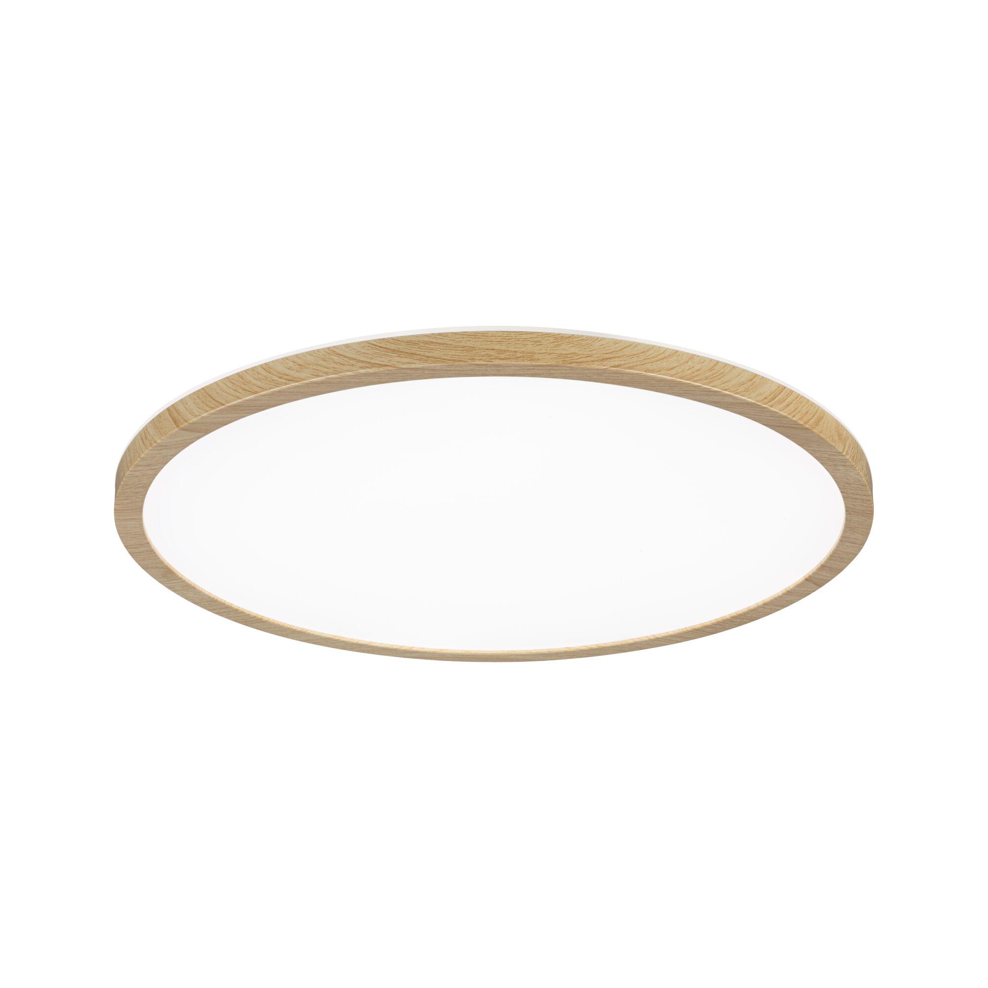 Round ceiling light with bright diffuser and oak wood frame for modern home lighting