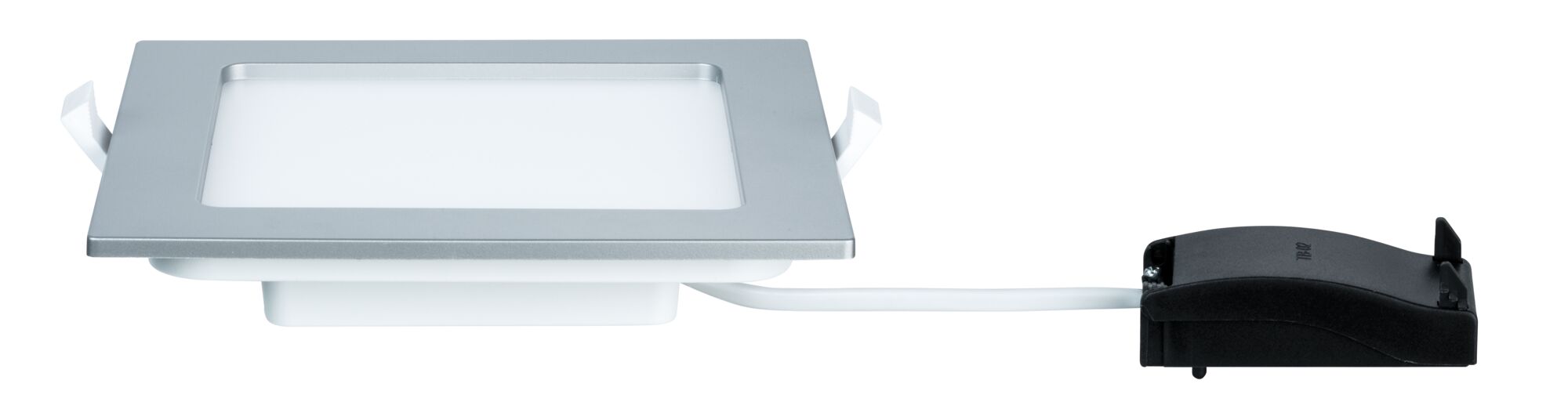 Rechteckiges LED-Einbaupanel aus Aluminium in Silber mit weißem Diffusor und schwarzem Treiber