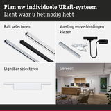 Modulair URail-systeem met aluminium rails in zwart, wit en zilver voor flexibele LED-verlichting.