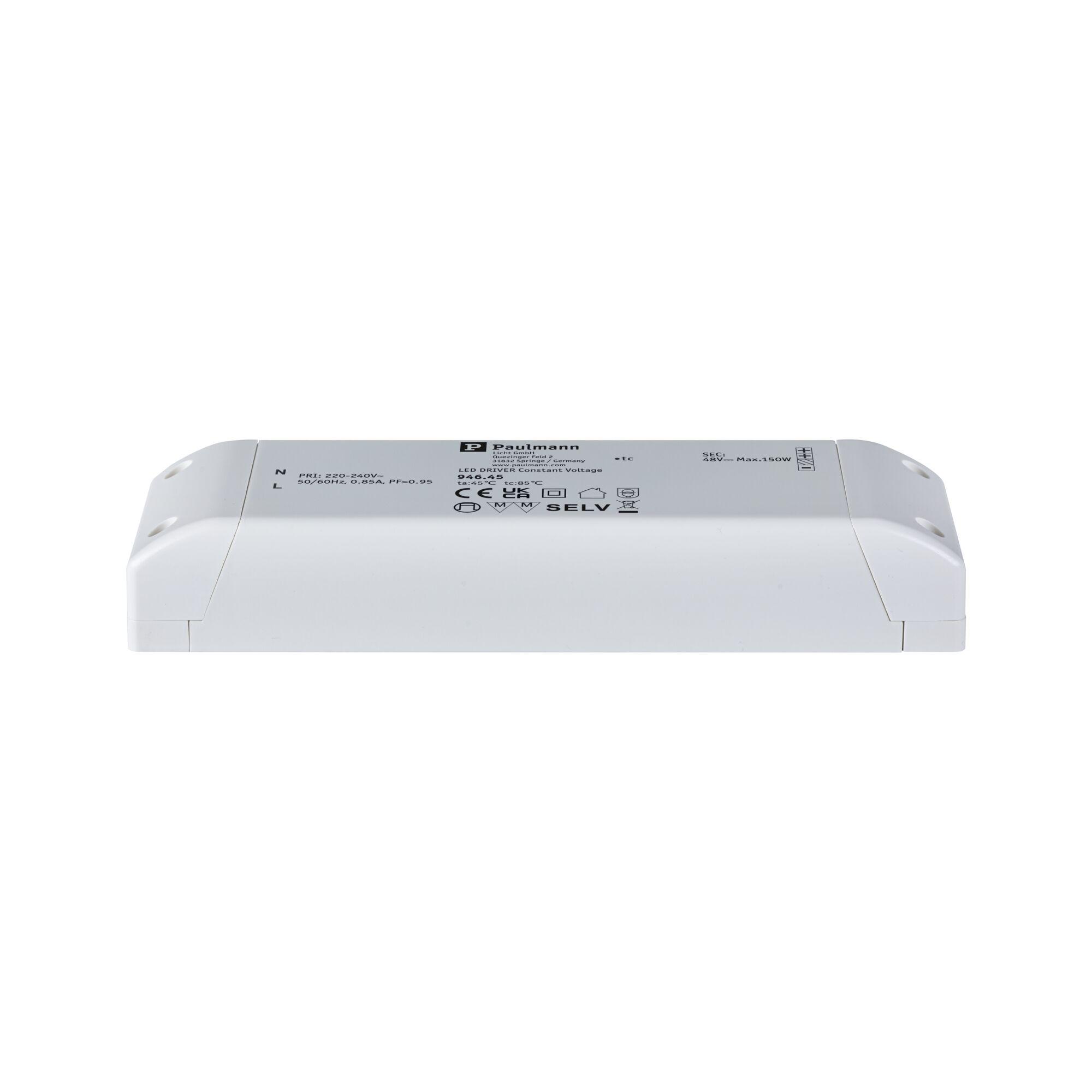 ULine accessoires Transfo 150VA Blanc 230/48V 33mm Boîtier blanc en plastique pour pilote LED avec spécifications techniques et symboles de sécurité