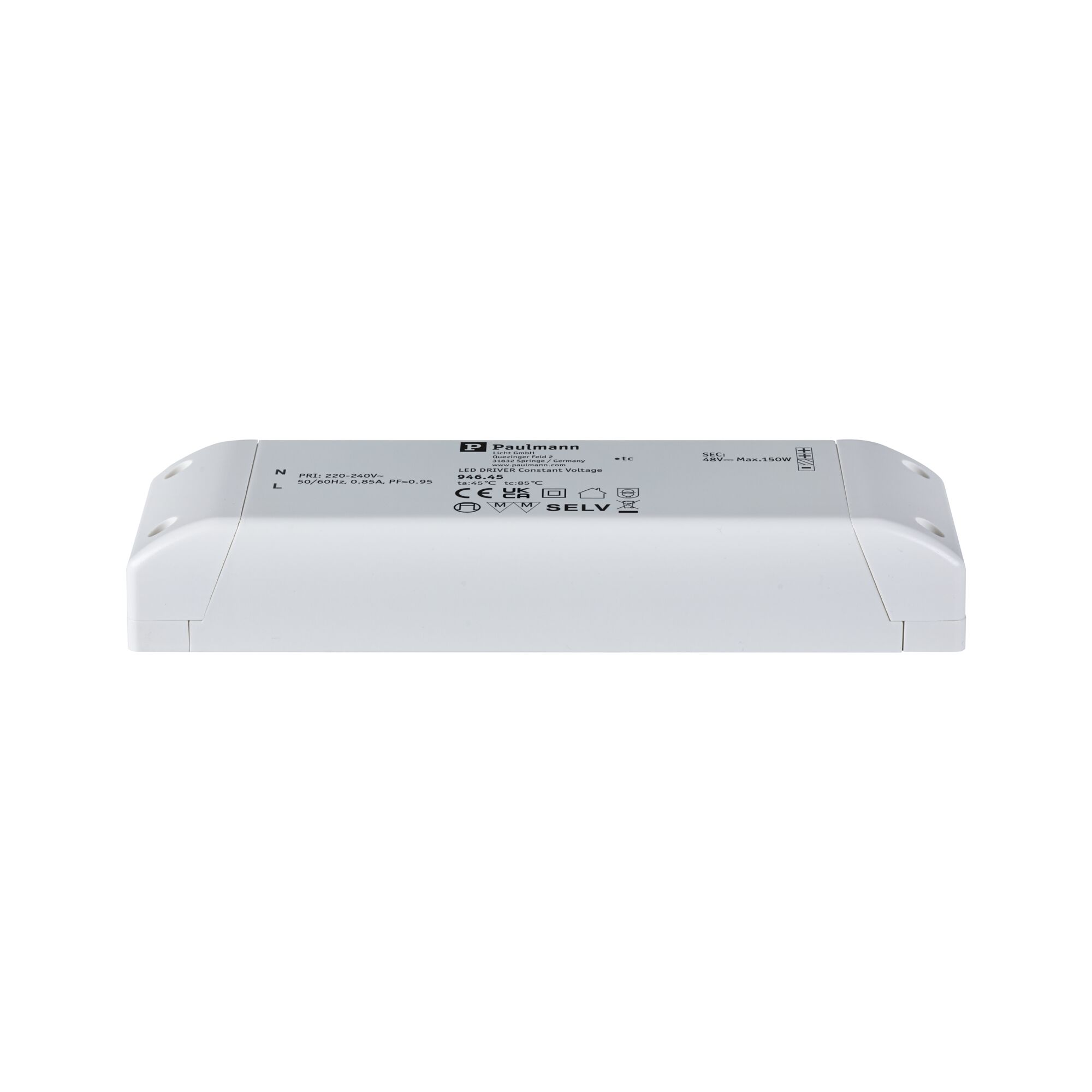 ULine accessoires Transfo 150VA Blanc 230/48V 33mm Boîtier blanc en plastique pour pilote LED avec spécifications techniques et symboles de sécurité