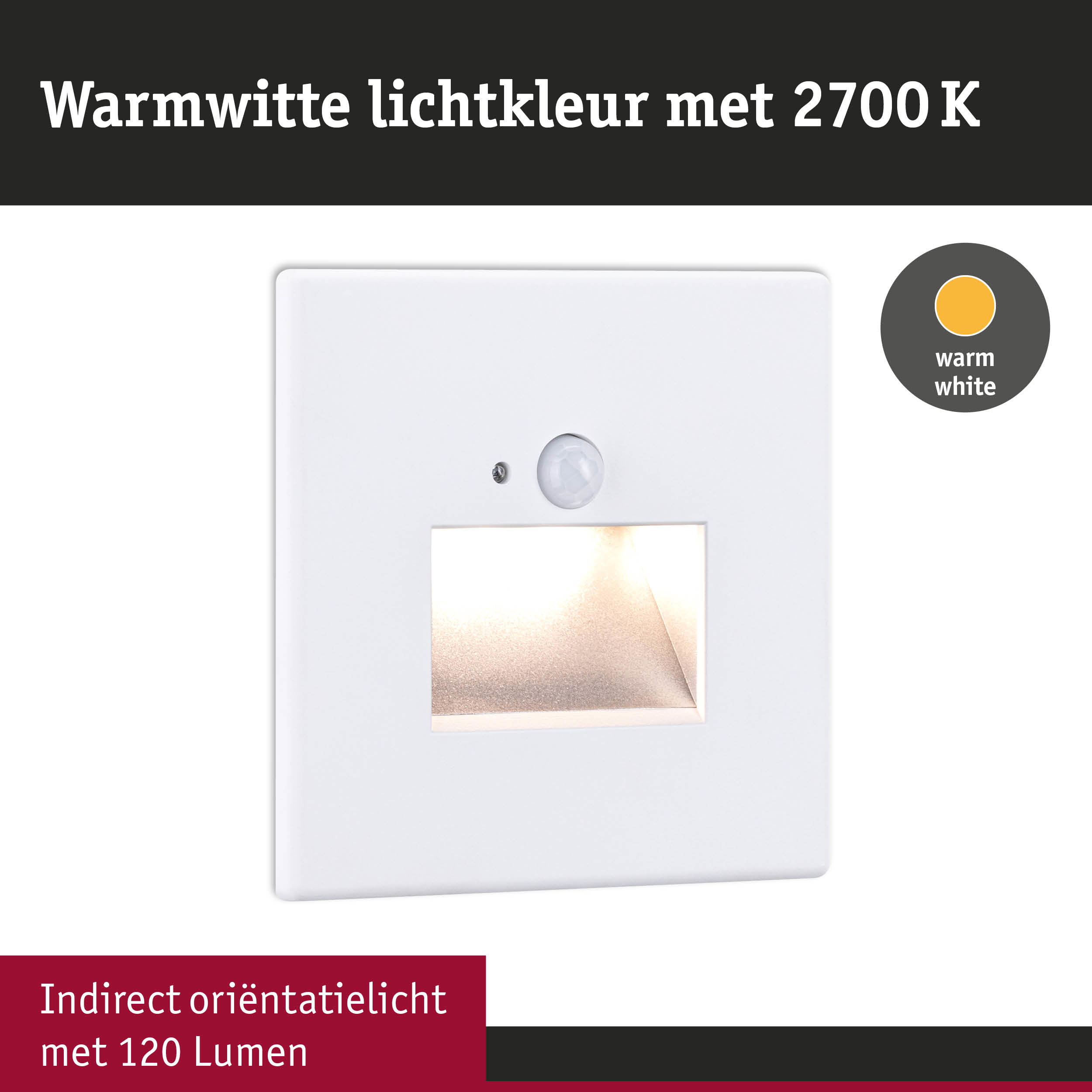 Witte LED-wandlamp met bewegingssensor en warmwit licht 2700K, 120 lumen