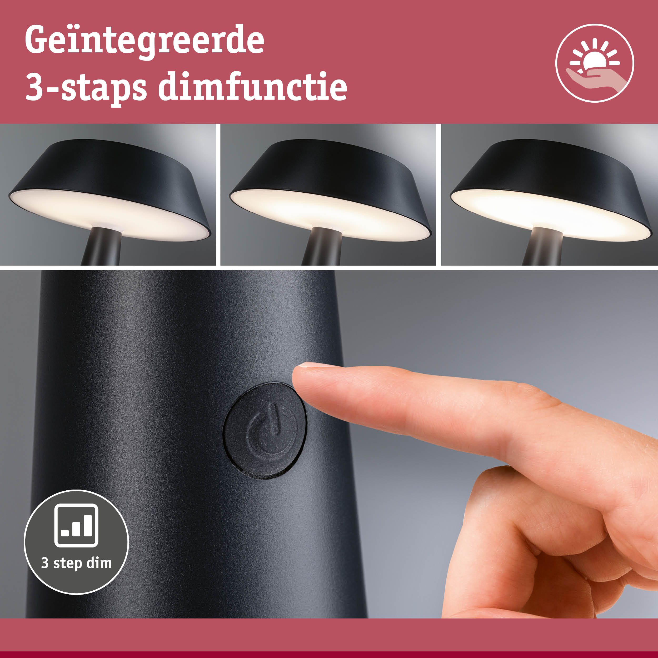 Zwarte LED-tafellamp met geïntegreerde 3-staps dimfunctie en mat metalen behuizing