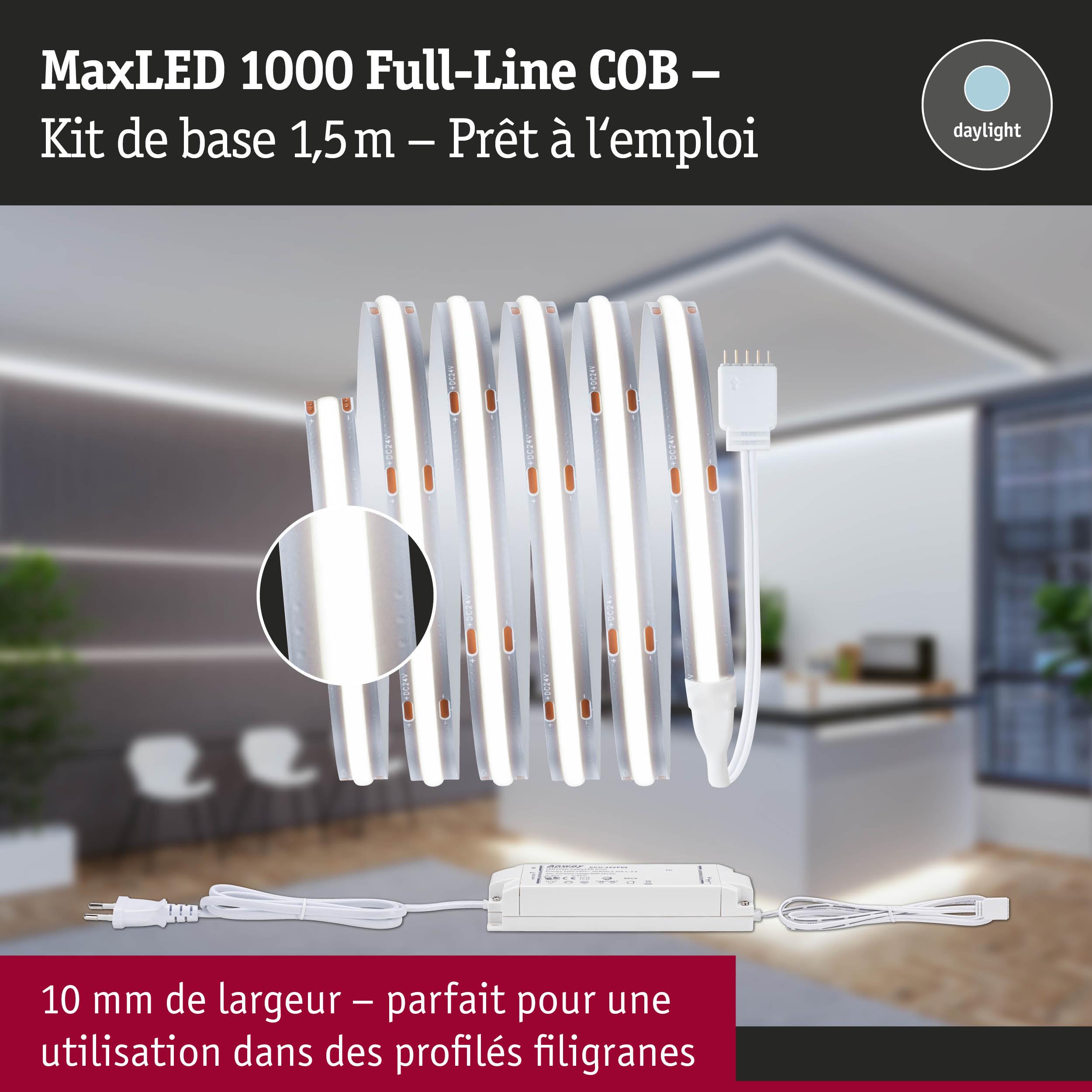 Bande LED MaxLED 1000 Full-Line COB 1,5 m blanc avec alimentation, idéale pour profils fins