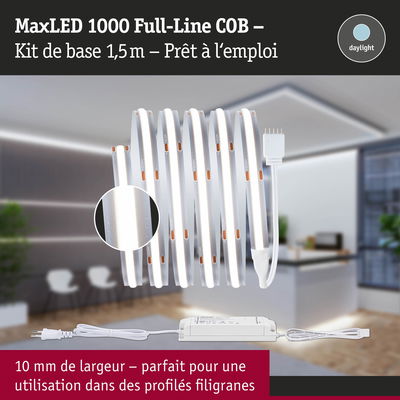 Bande LED MaxLED 1000 Full-Line COB 1,5 m blanc avec alimentation, idéale pour profils fins