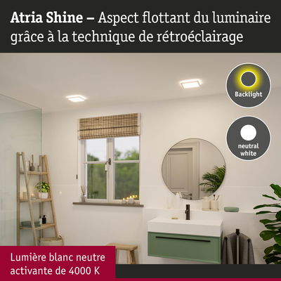Salle de bain moderne avec luminaires LED Atria Shine en lumière blanc neutre et rétroéclairage
