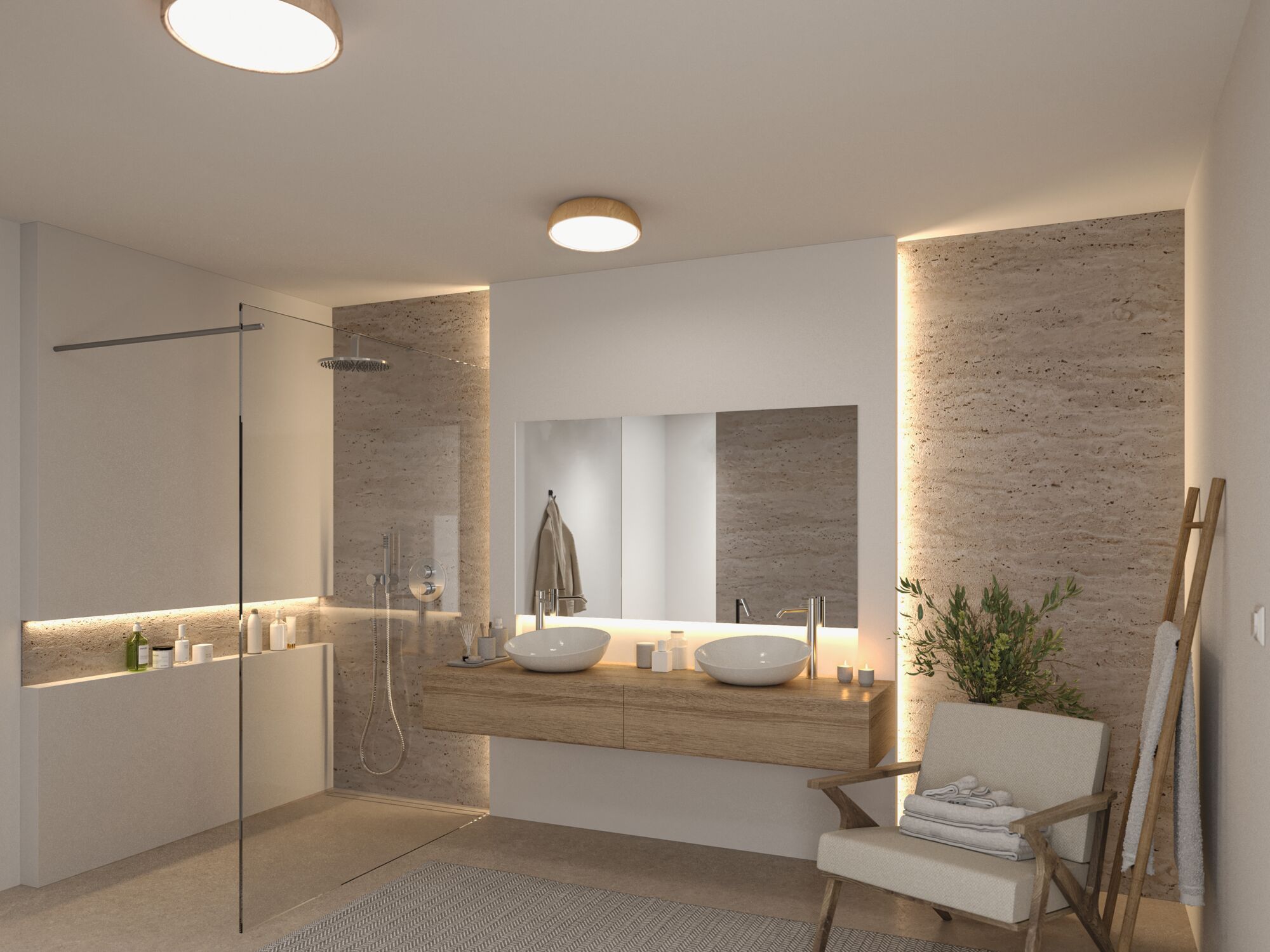 Modern bathroom with wooden vanity, two white vessel sinks, and warm white wooden ceiling light fixture.