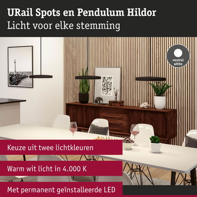 Moderne zwarte URail Spots Hildor hanglampen boven eettafel met houten dressoir en decoratie