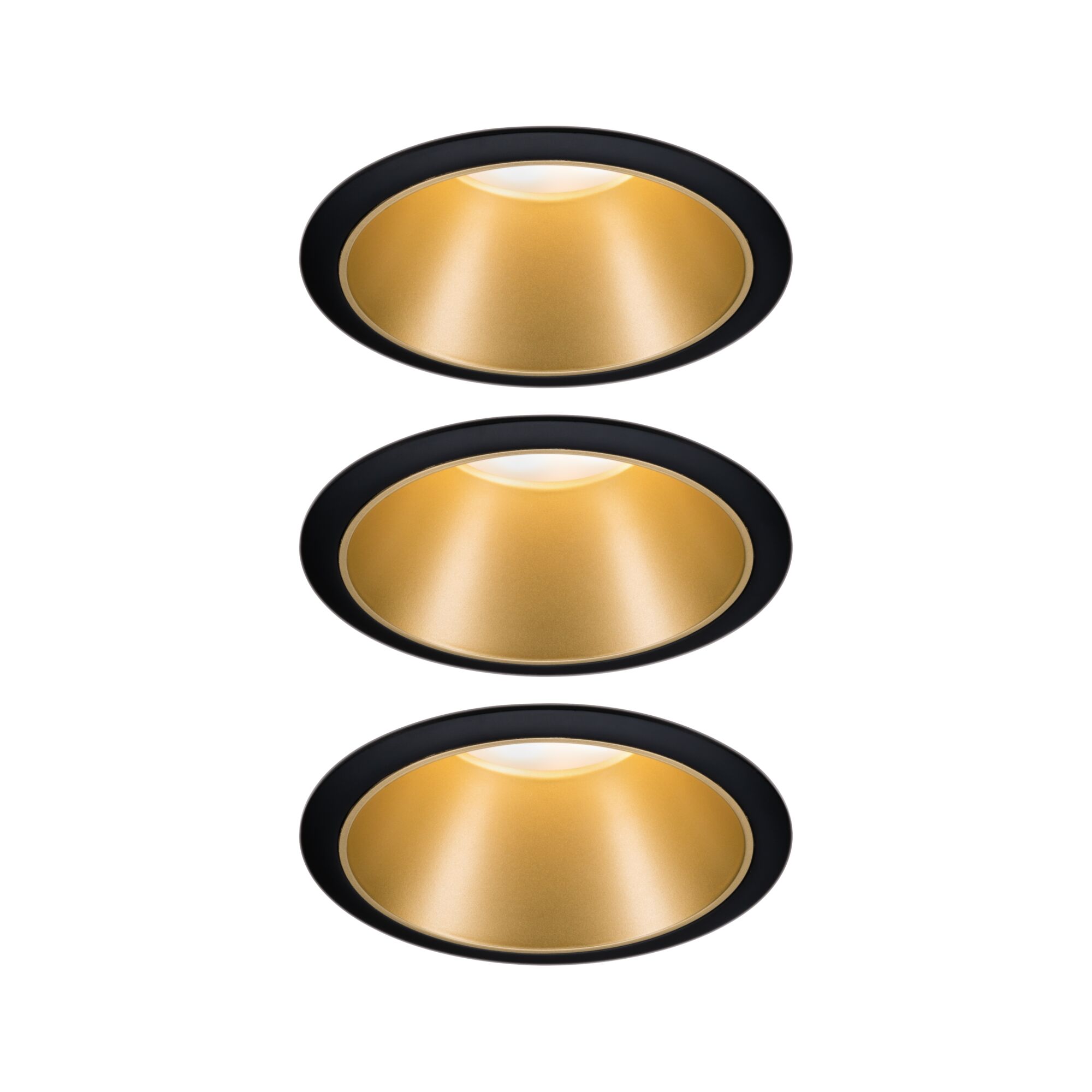 Drei runde Einbauleuchten mit schwarzem Rand und goldfarbenem Reflektor für moderne LED-Beleuchtung
