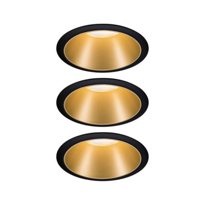 Three round recessed lights with black trim and gold reflector for modern LED lighting solutions
