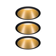 Three round recessed lights with black trim and gold reflector for modern LED lighting solutions
