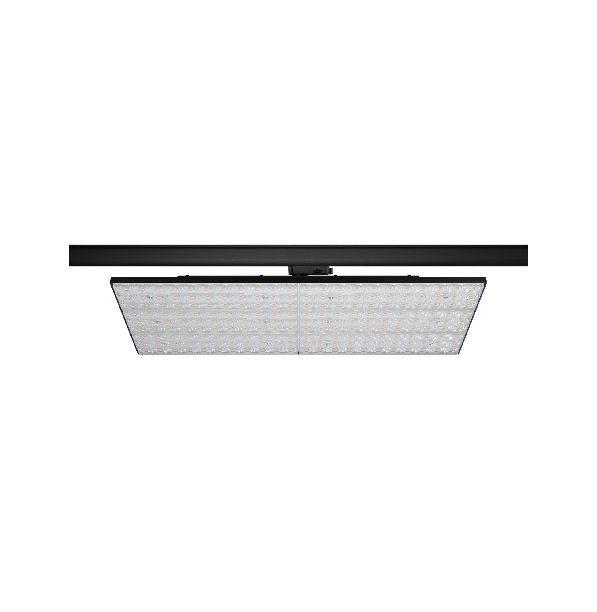 Schwarze LED-Deckenleuchte mit quadratischem Design und klaren Linsen für effiziente Raumbeleuchtung
