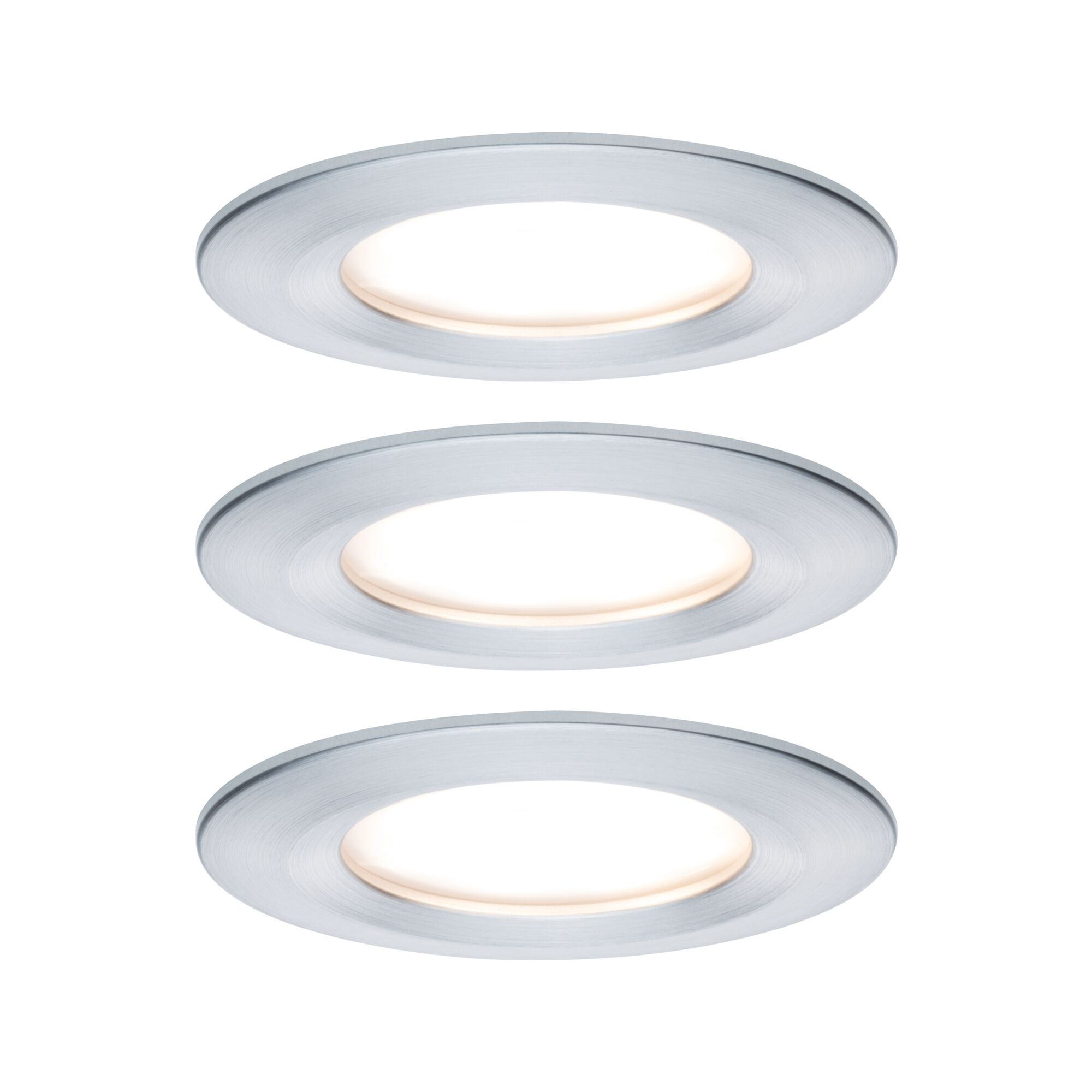 Three round LED recessed lights in brushed silver aluminum with warm white illumination.