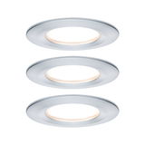 Three round LED recessed lights in brushed silver aluminum with warm white illumination.
