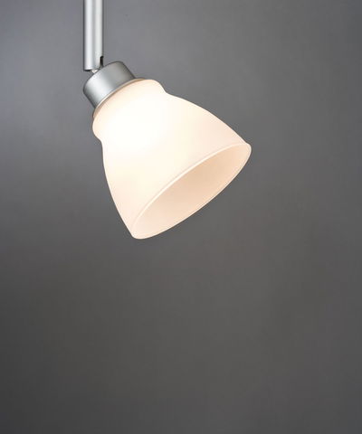 Moderne plafondspot met mat wit glas en zilveren metalen arm voor gerichte verlichting