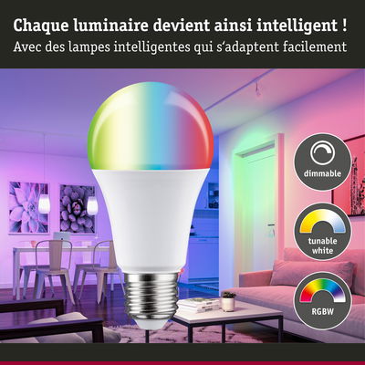 Ampoule LED RGBW intelligente dimmable avec blanc réglable pour éclairage coloré personnalisable