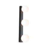 Modern wall light with three white glass globes and black metal frame for living spaces