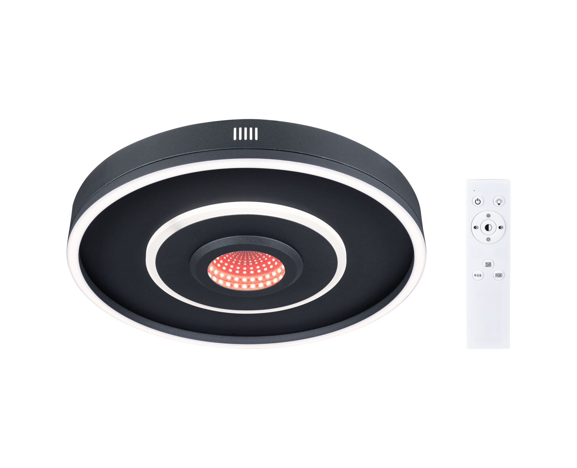 Plafonnier LED rond noir avec anneau lumineux blanc et télécommande pour éclairage moderne