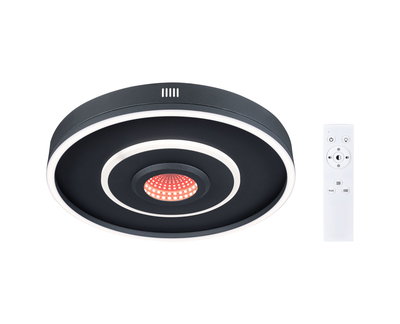 Round black LED ceiling light with white light ring and remote control for modern room lighting