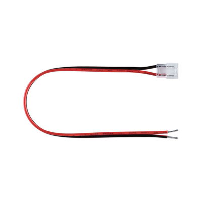 Elektrische aansluitkabel met rode en zwarte draad en transparante connector voor LED-verlichting