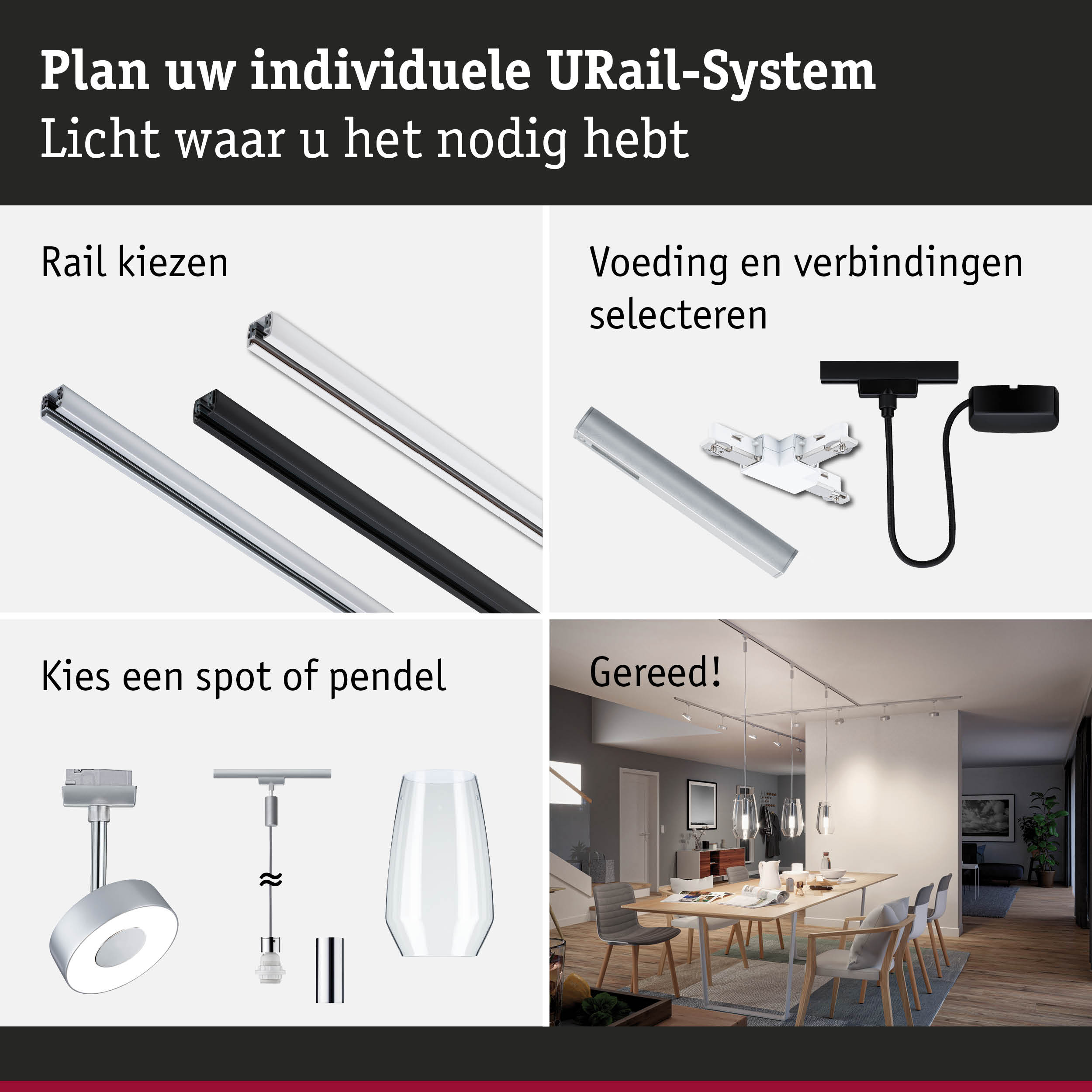 Modulair URail-systeem met diverse rails en verbindingen voor flexibele LED-verlichting