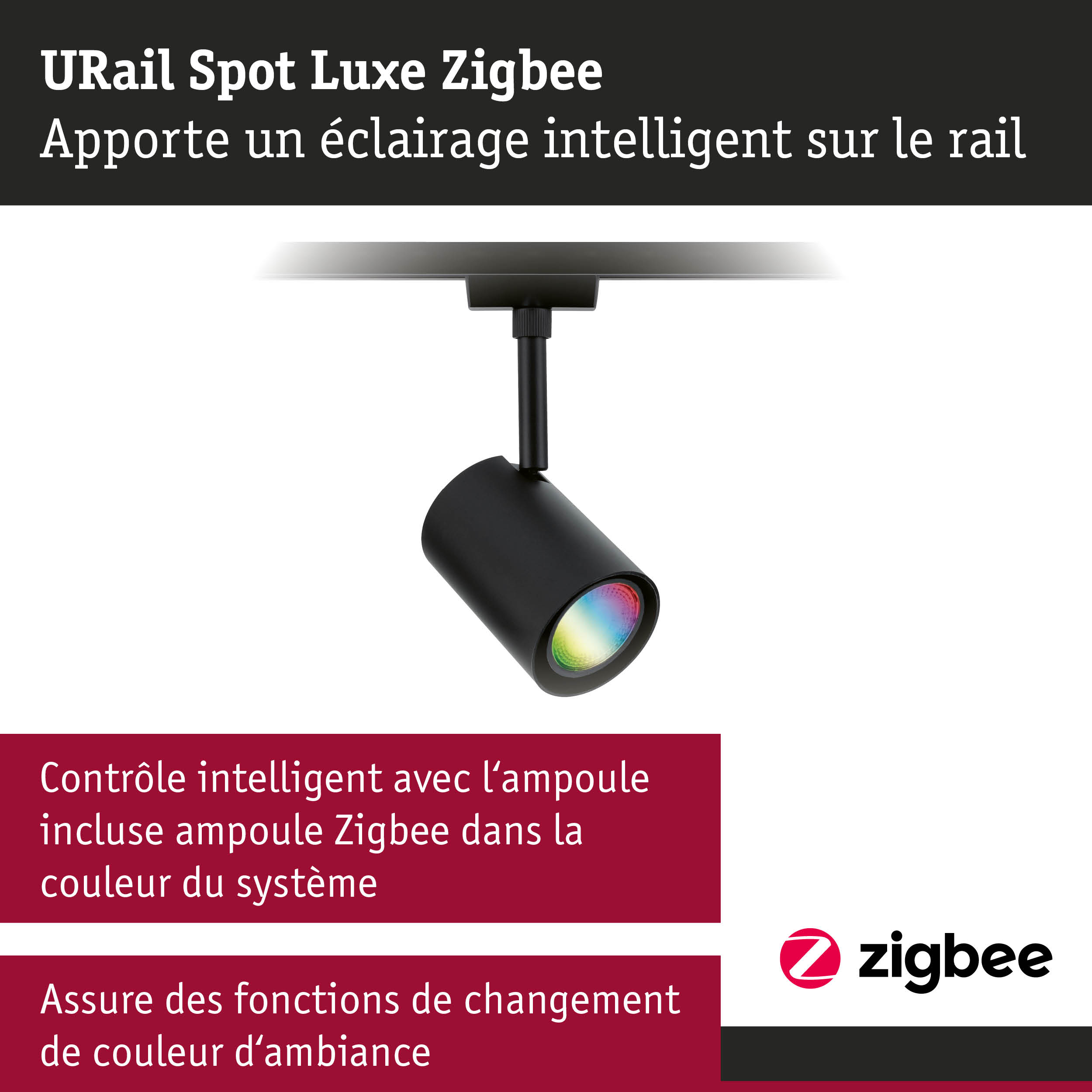 Spot URail Luxe Zigbee noir avec contrôle intelligent et changement de couleur pour éclairage domotique