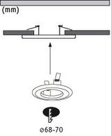 Technical drawing of white recessed spotlight frame with adjustable lamp and millimeter measurements