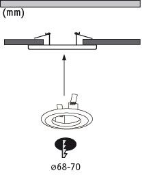 Technical drawing of white recessed spotlight frame with adjustable lamp and millimeter measurements