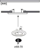 Technical drawing of white recessed spotlight frame with adjustable lamp and millimeter measurements